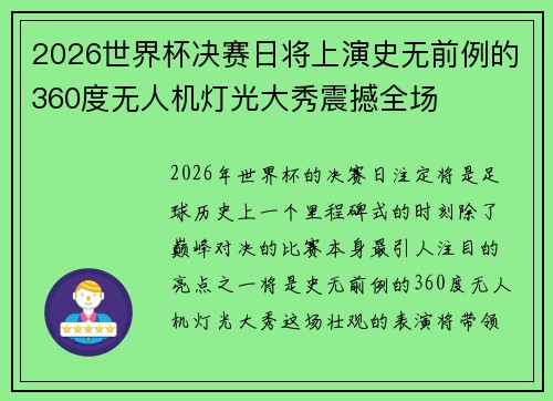 2026世界杯决赛日将上演史无前例的360度无人机灯光大秀震撼全场 2026世界杯决赛日将上演史无前例的360度无人机灯光大秀震撼全场